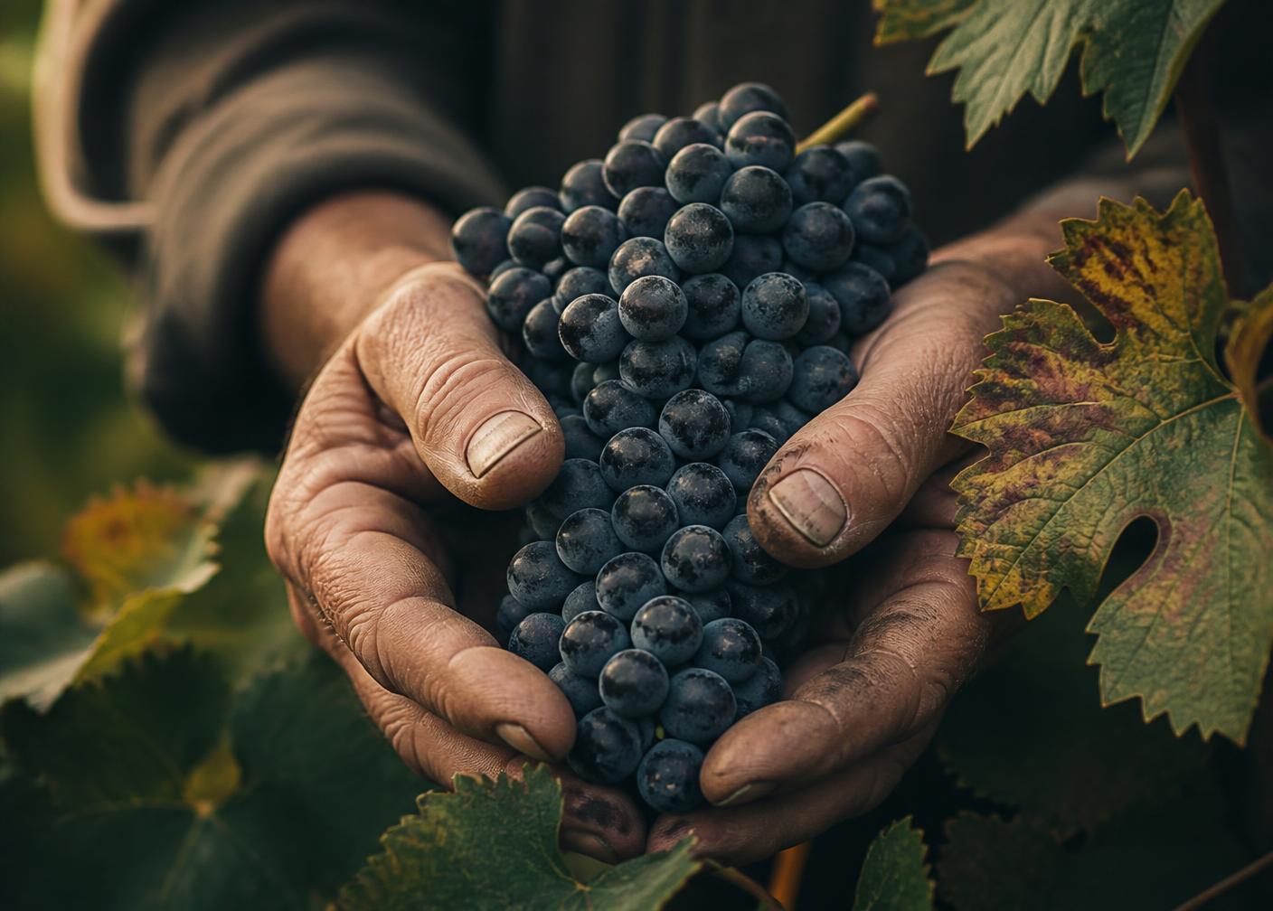 Mains de vigneron tenant une grappe de pinot noir