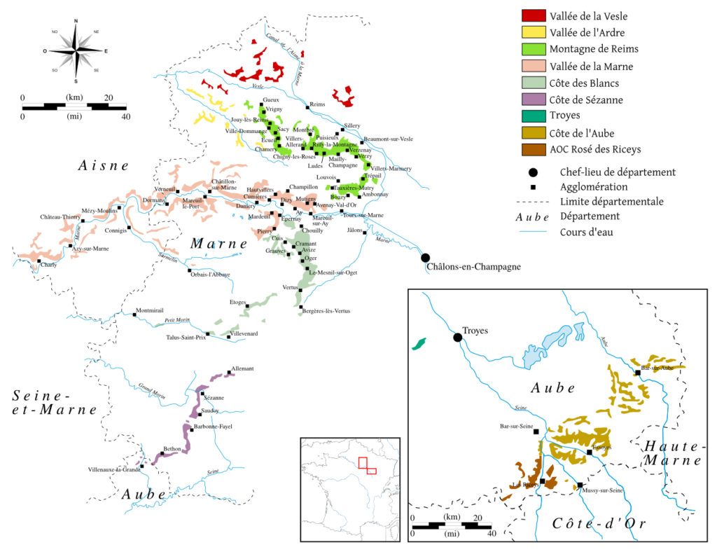 Carte des quatre zones du vignoble de Champagne